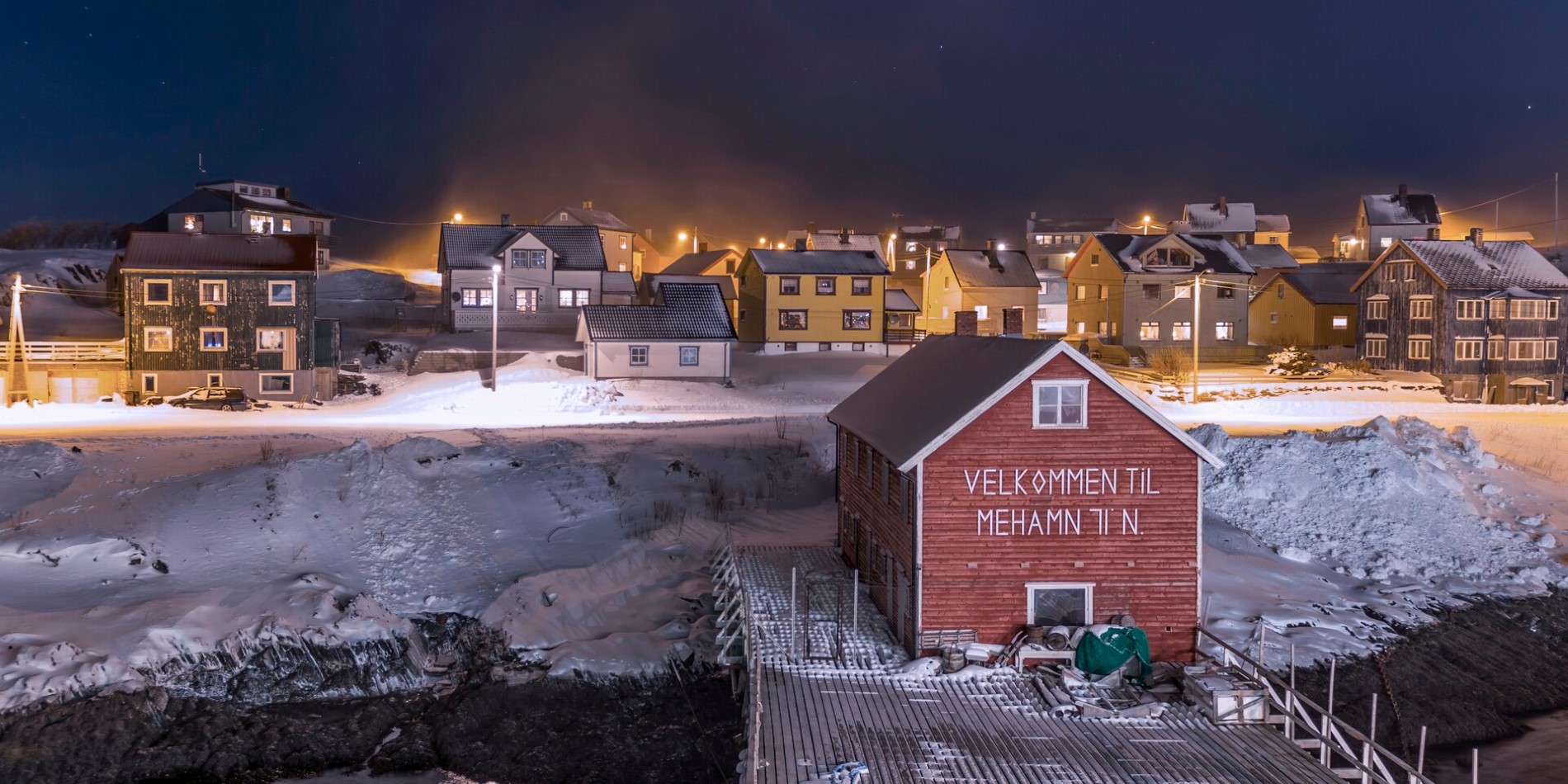 Nightfall over the small port town of Mehamn in Norway
