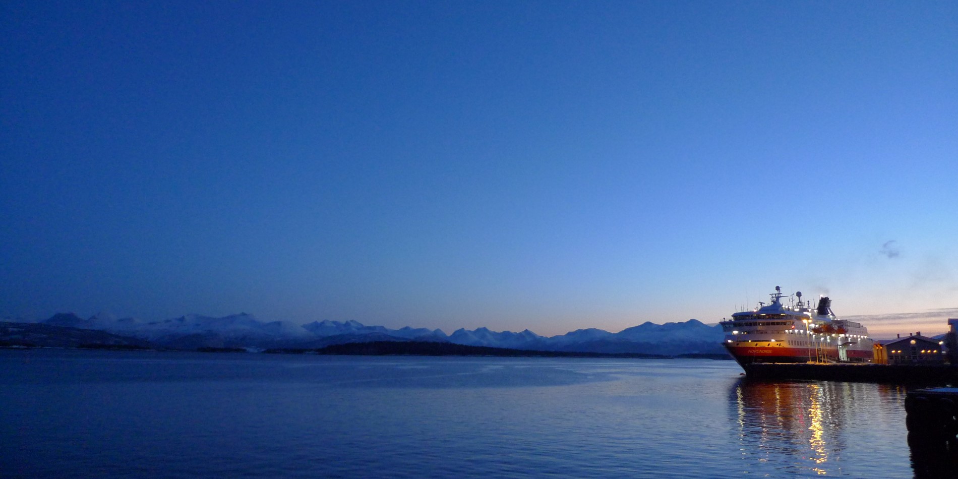 MS Nordnorge has arrived in Molde on a beautiful winter evening