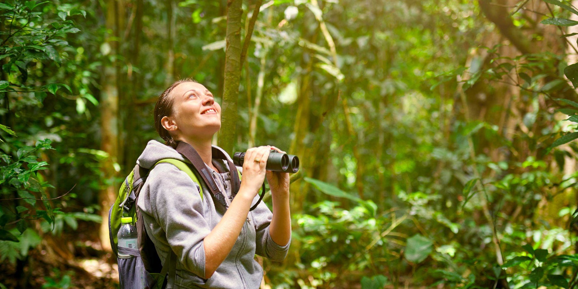Femme avec des jumelles regardant vers le haut à la canopée de forêt tropicale